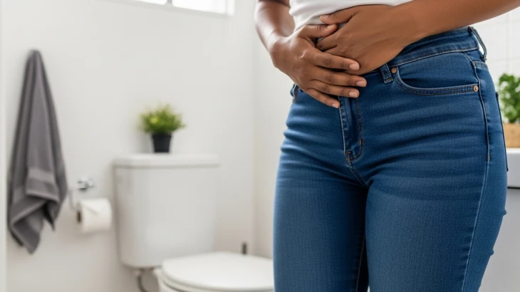 Mulher com a mão na bexiga
