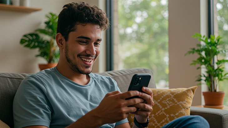 Homem sentado no sofá mexendo no celular