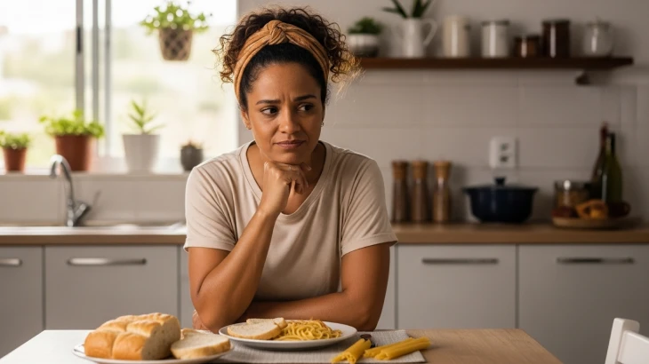 Mulher sentada olhando para o prato